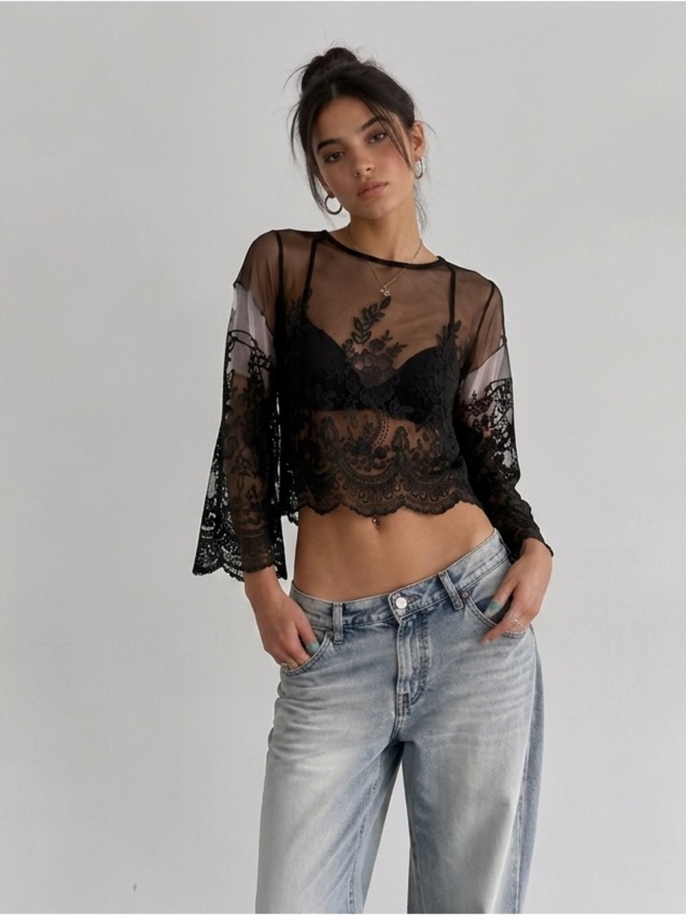 AQUA Black Mesh Sheer Crop Top Floral Embroidery Medium